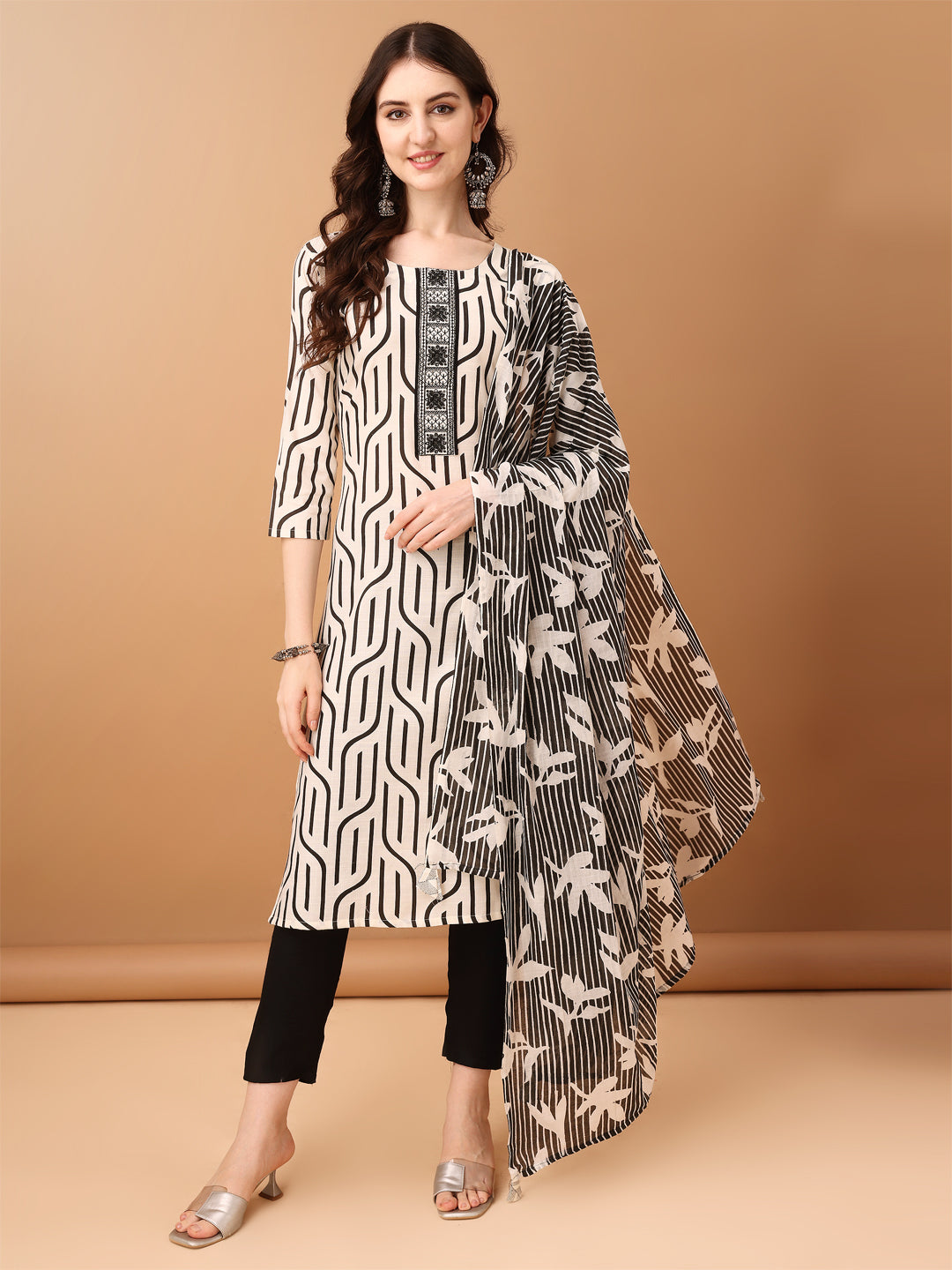 Embroidered & Printed Kurta With Pant & Printed Dupatta, Black - Hiral Fashion - Distacart