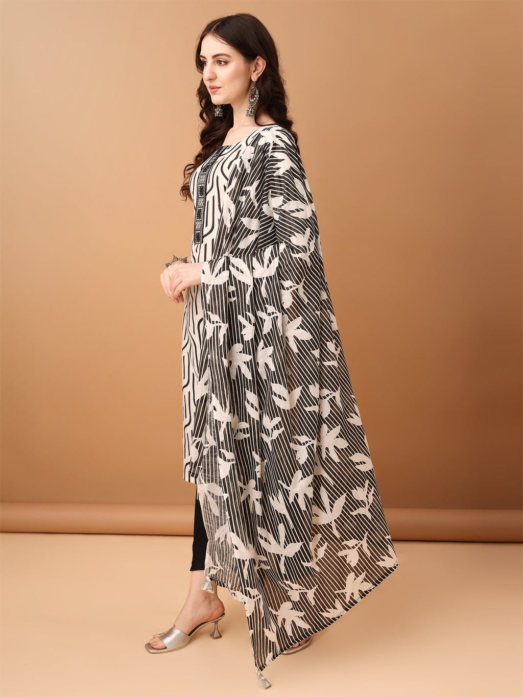 Embroidered & Printed Kurta With Pant & Printed Dupatta, Black - Hiral Fashion - Distacart