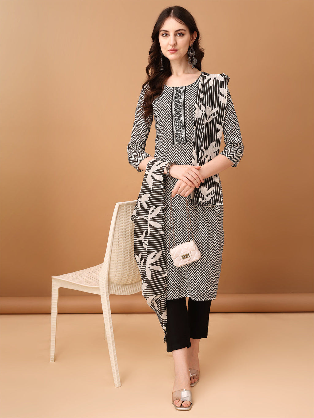 Embroidered & Printed Kurta With Pant & Printed Dupatta, Black - Hiral Fashion - Distacart