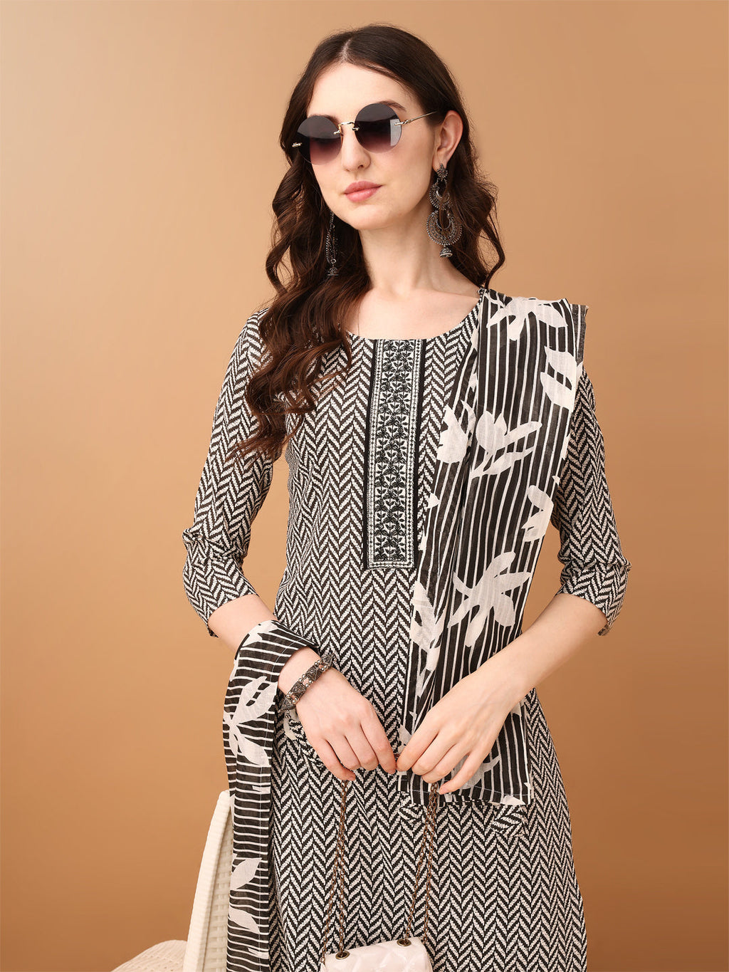 Embroidered & Printed Kurta With Pant & Printed Dupatta, Black - Hiral Fashion - Distacart