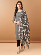 Embroidered & Printed Kurta With Pant & Printed Dupatta, Black - Hiral Fashion - Distacart