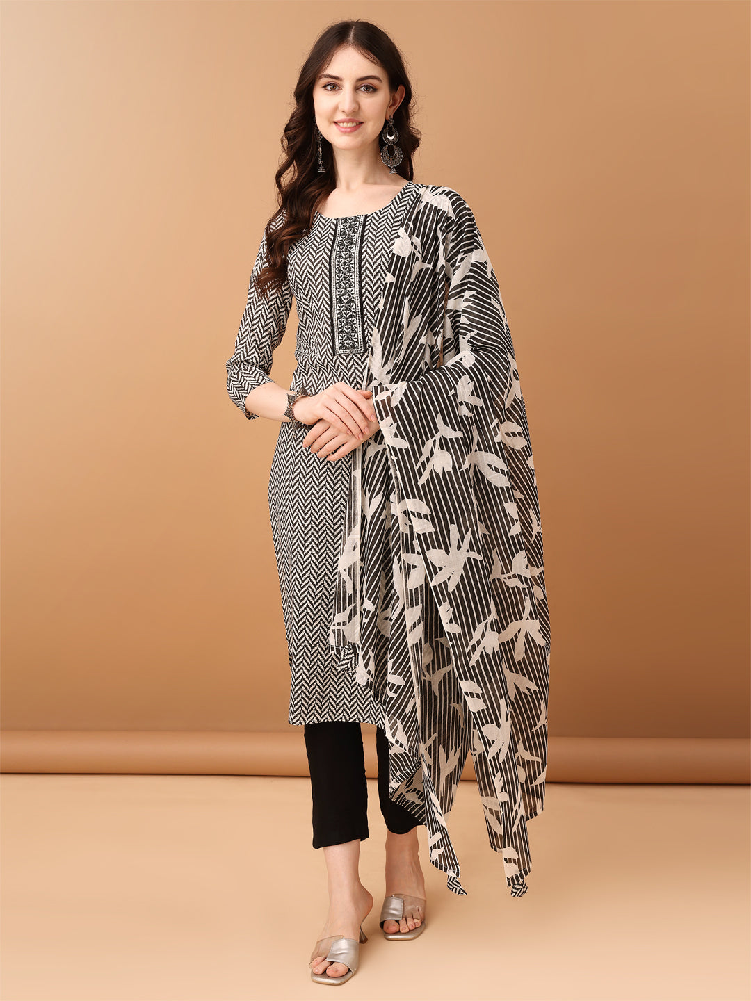 Embroidered & Printed Kurta With Pant & Printed Dupatta, Black - Hiral Fashion - Distacart