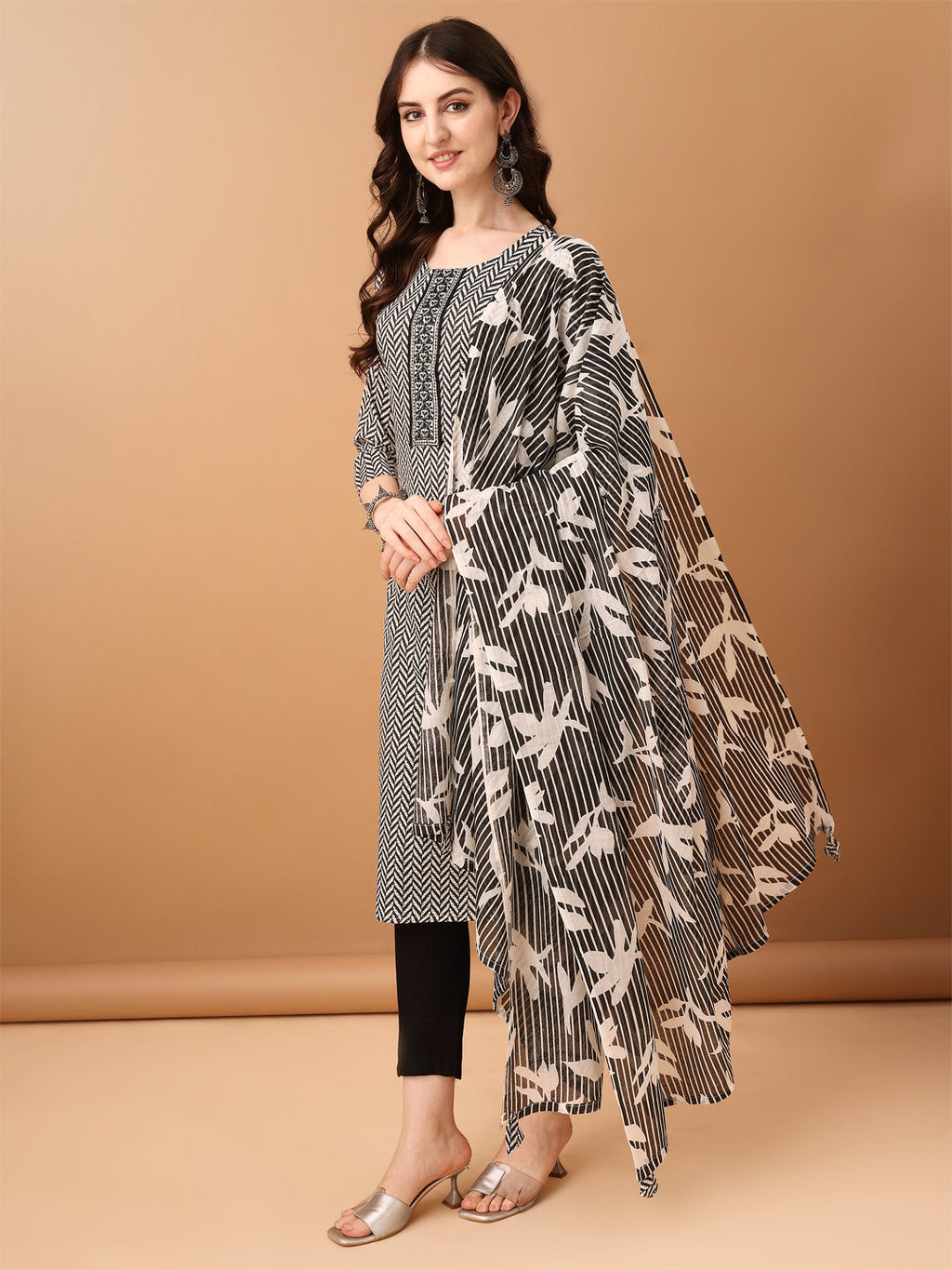 Embroidered & Printed Kurta With Pant & Printed Dupatta, Black - Hiral Fashion - Distacart