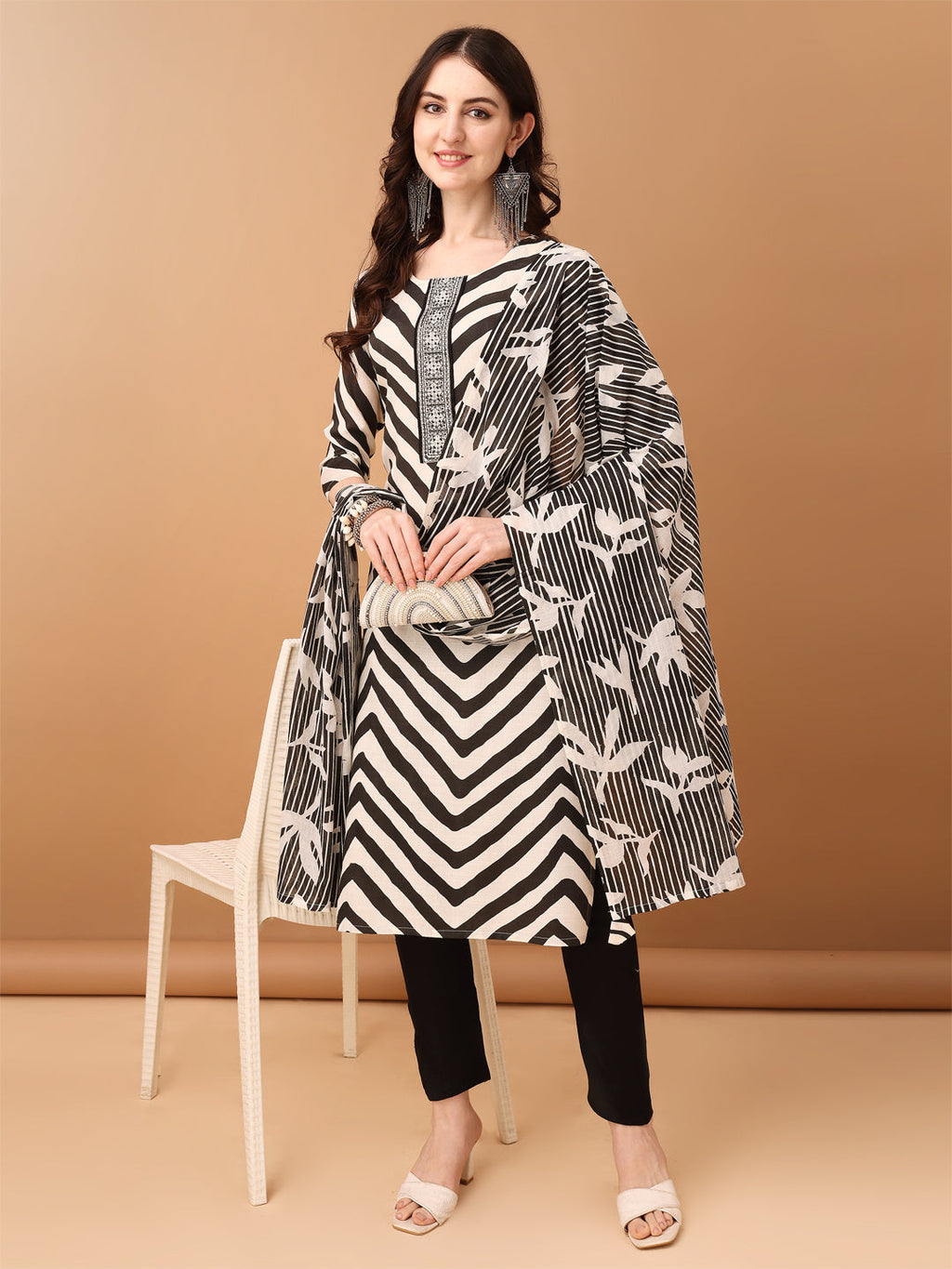Embroidered & Printed Kurta With Pant & Printed Dupatta, Black - Hiral Fashion - Distacart