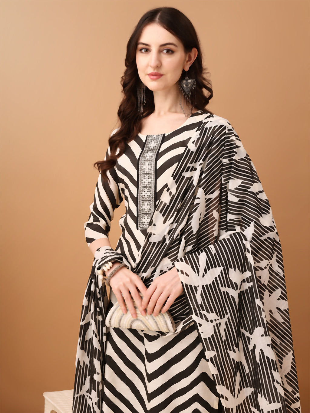 Embroidered & Printed Kurta With Pant & Printed Dupatta, Black - Hiral Fashion - Distacart