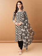 Embroidered & Printed Kurta With Pant & Printed Dupatta, Black - Hiral Fashion - Distacart