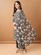 Embroidered & Printed Kurta With Pant & Printed Dupatta, Black - Hiral Fashion - Distacart