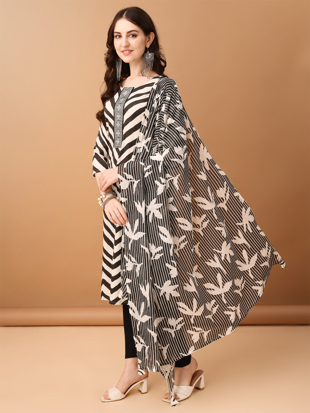 Embroidered & Printed Kurta With Pant & Printed Dupatta, Black - Hiral Fashion - Distacart