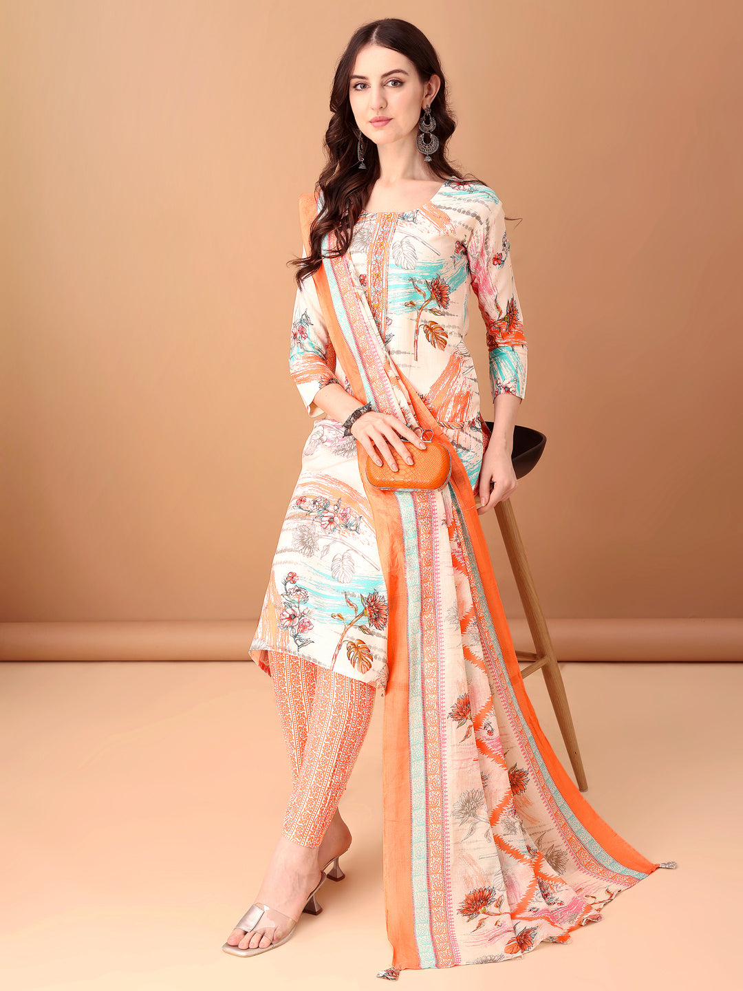 Embroidered & Printed Kurta With Pant & Printed Dupatta, Orange - Hiral Fashion - Distacart