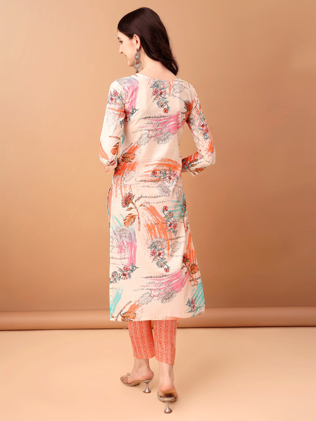 Embroidered & Printed Kurta With Pant & Printed Dupatta, Orange - Hiral Fashion - Distacart