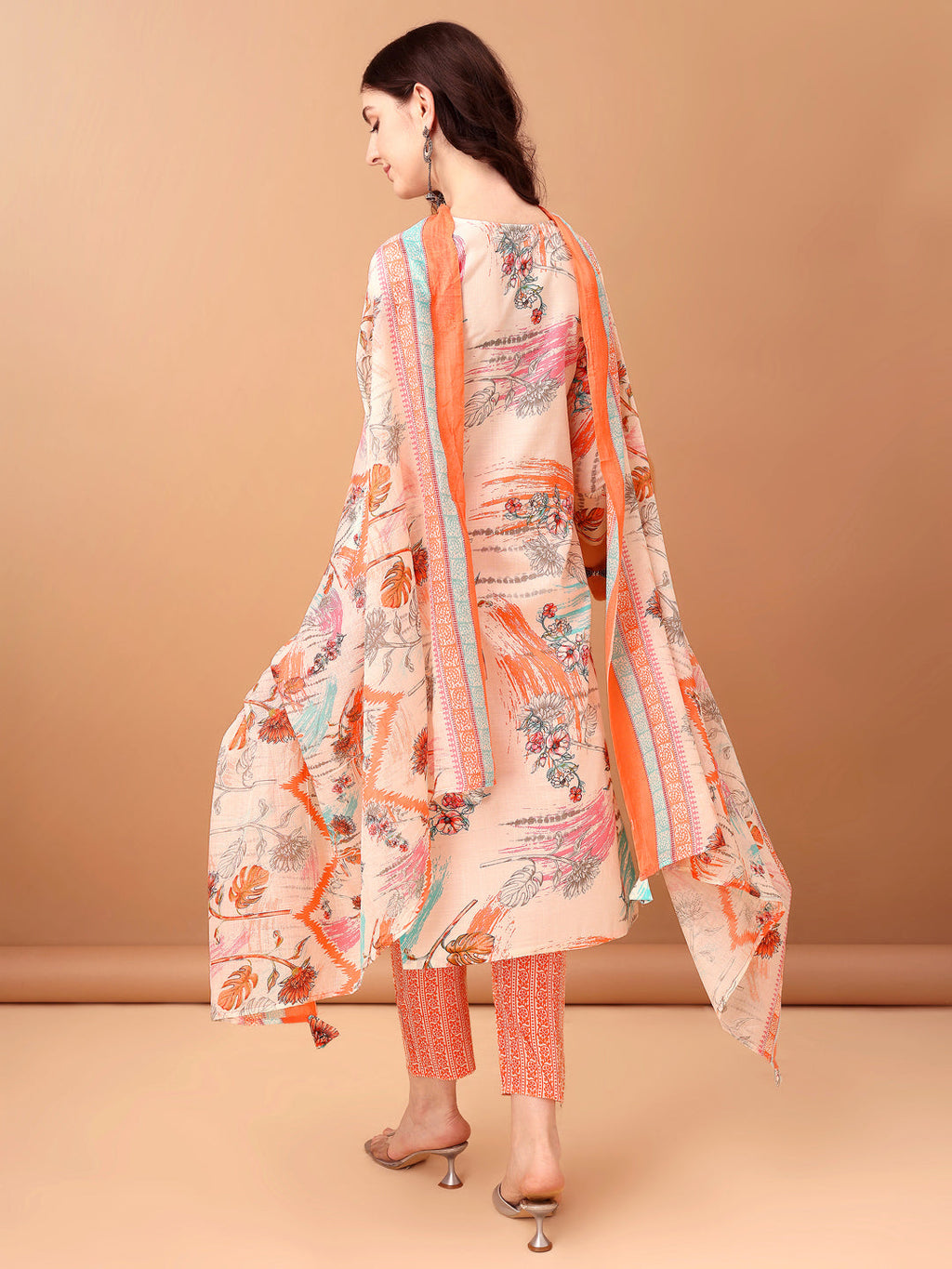 Embroidered & Printed Kurta With Pant & Printed Dupatta, Orange - Hiral Fashion - Distacart