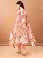 Embroidered & Printed Kurta With Pant & Printed Dupatta, Orange - Hiral Fashion - Distacart