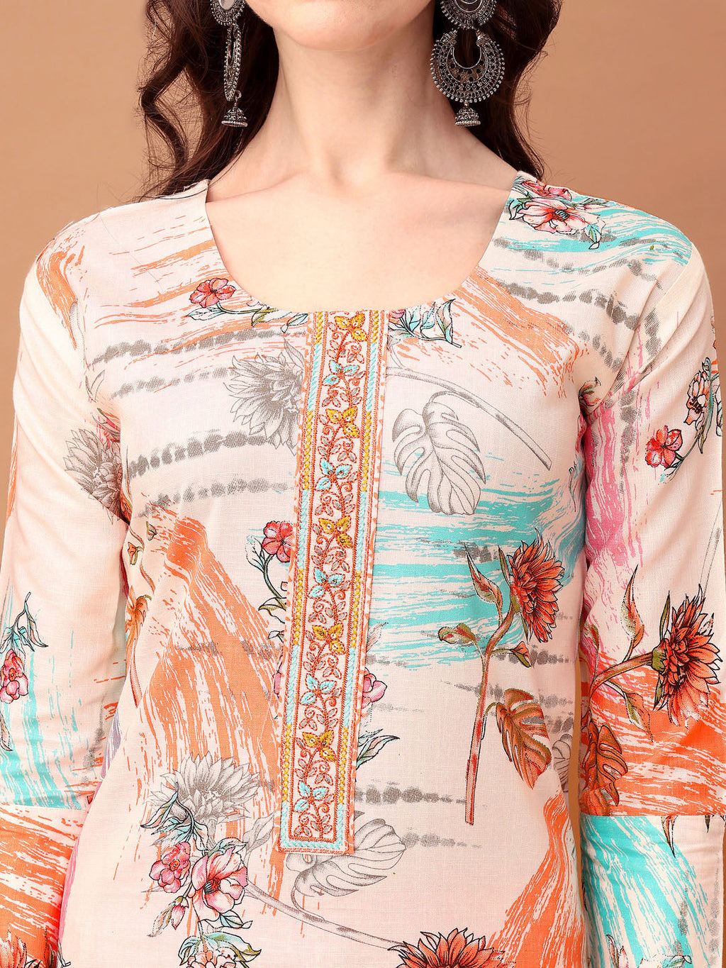 Embroidered & Printed Kurta With Pant & Printed Dupatta, Orange - Hiral Fashion - Distacart