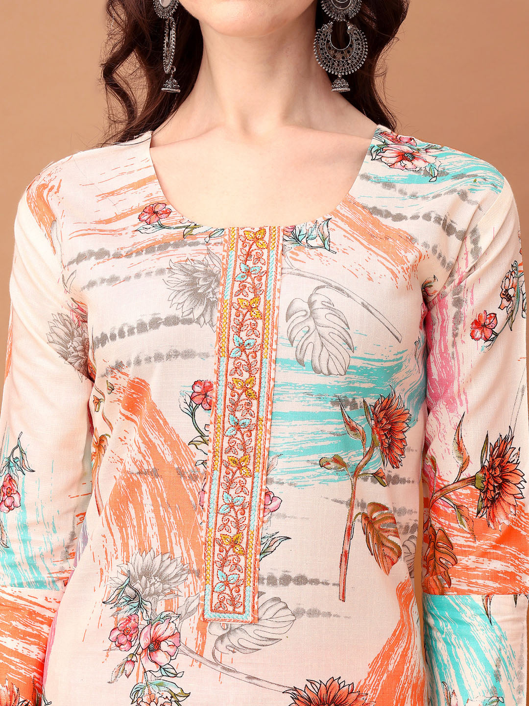 Embroidered & Printed Kurta With Pant & Printed Dupatta, Orange - Hiral Fashion - Distacart