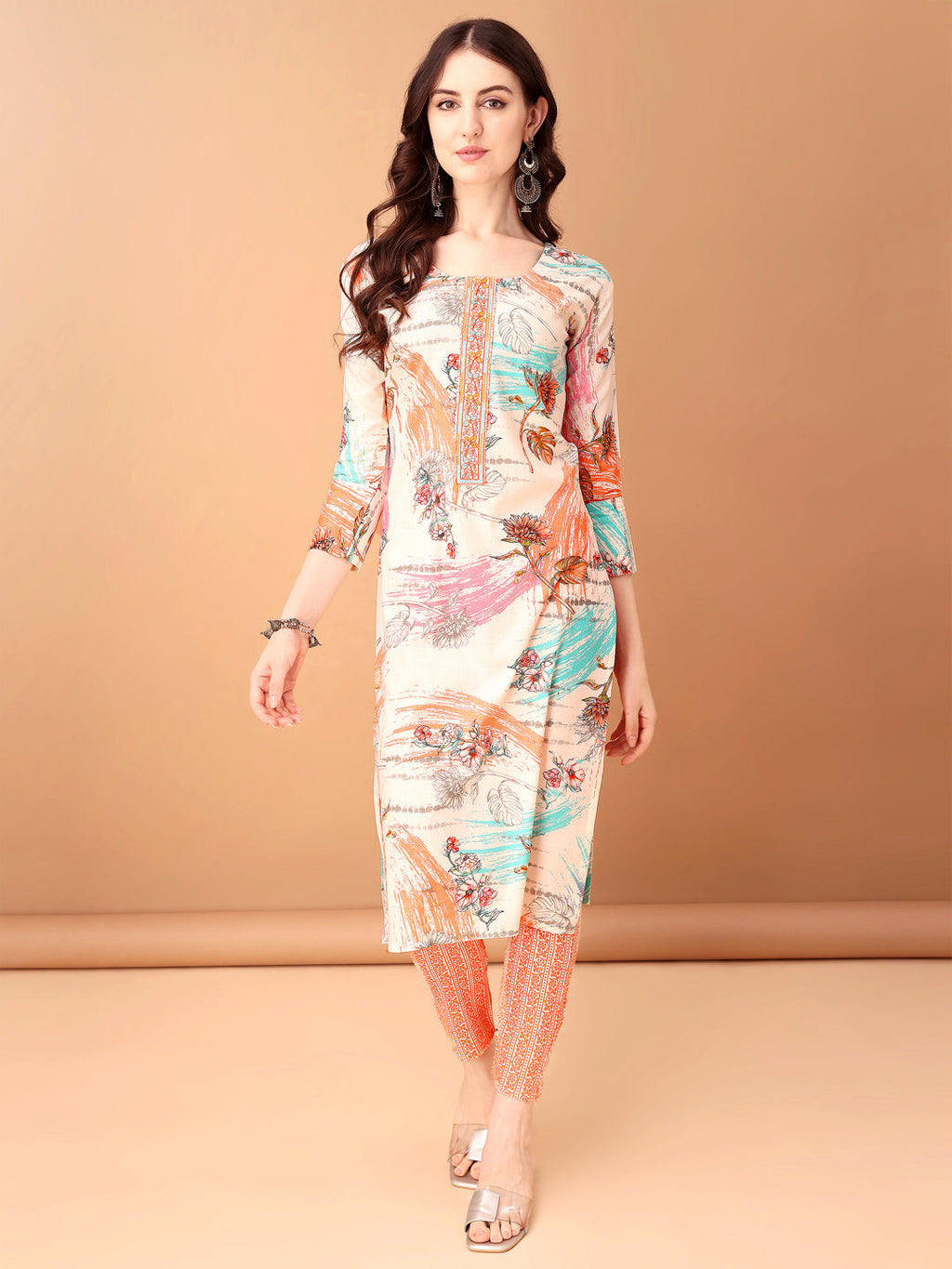 Embroidered & Printed Kurta With Pant & Printed Dupatta, Orange - Hiral Fashion - Distacart