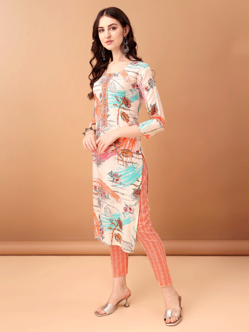 Embroidered & Printed Kurta With Pant & Printed Dupatta, Orange - Hiral Fashion - Distacart