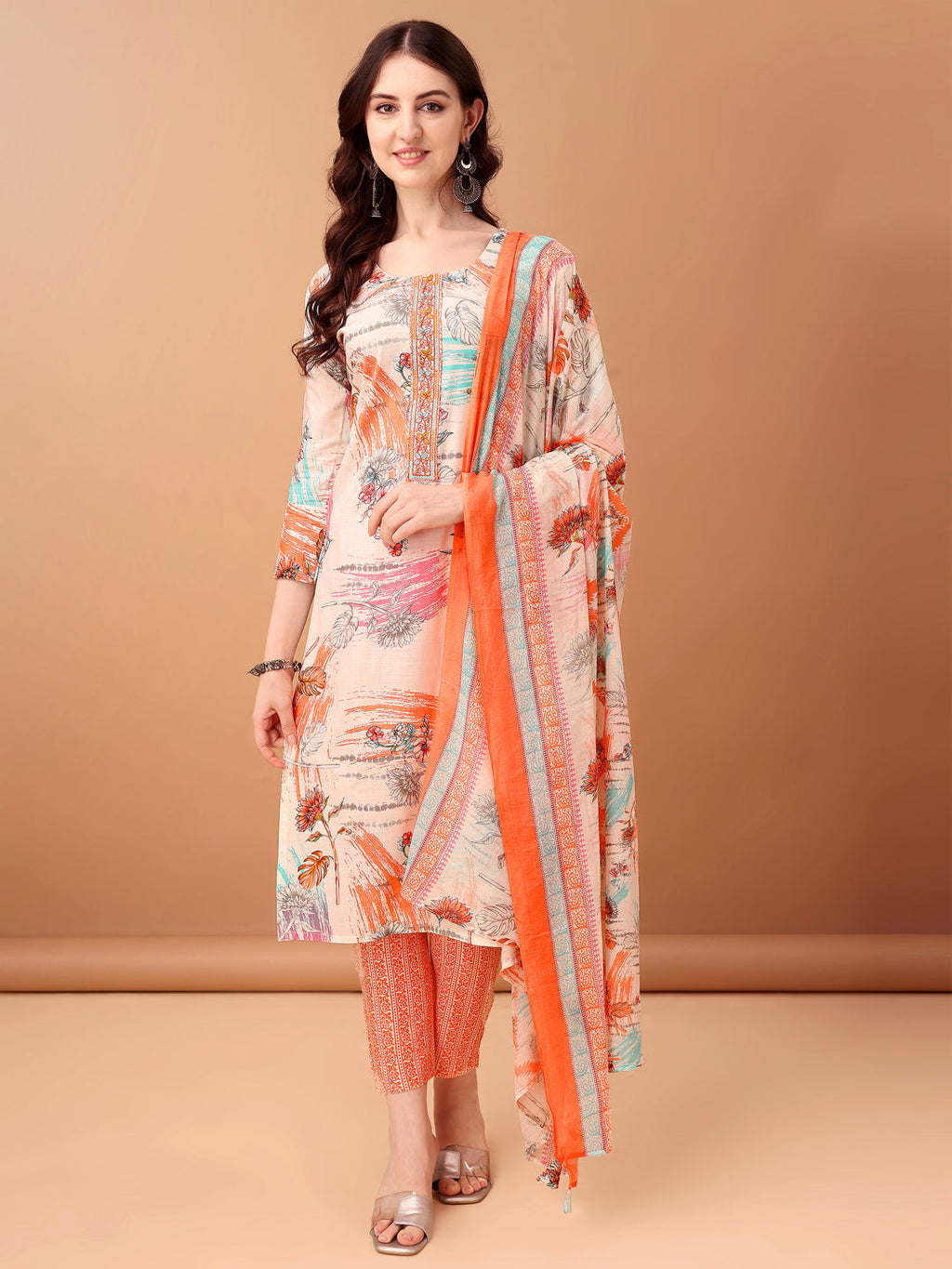 Embroidered & Printed Kurta With Pant & Printed Dupatta, Orange - Hiral Fashion - Distacart