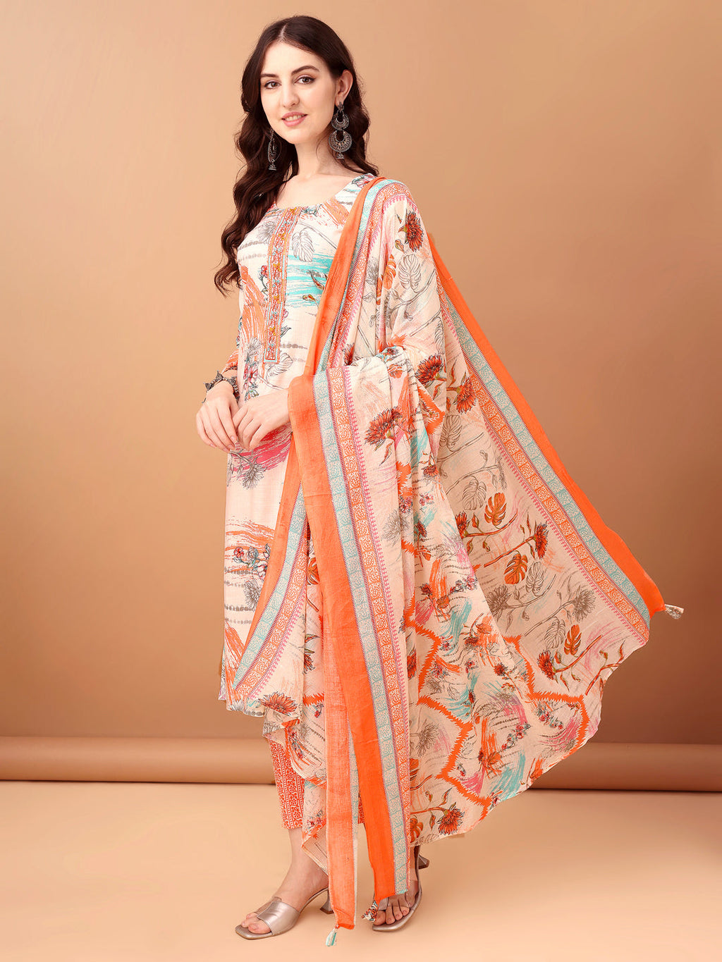 Embroidered & Printed Kurta With Pant & Printed Dupatta, Orange - Hiral Fashion - Distacart