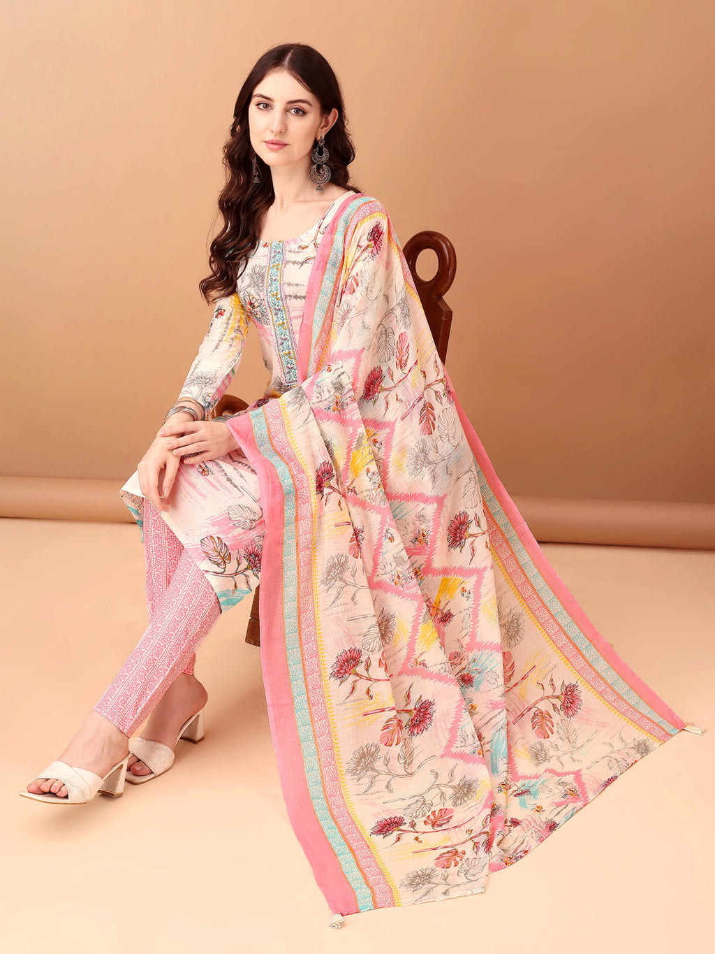 Embroidered & Printed Kurta With Pant & Printed Dupatta, Pink - Hiral Fashion - Distacart
