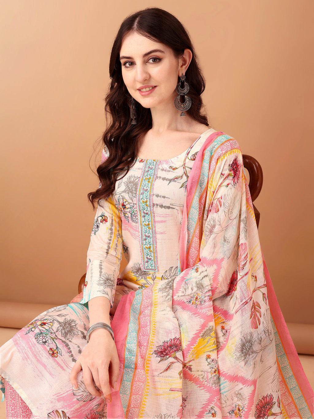 Embroidered & Printed Kurta With Pant & Printed Dupatta, Pink - Hiral Fashion - Distacart