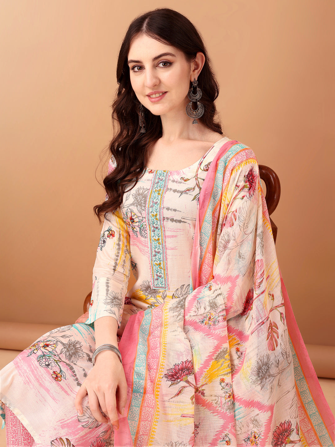 Embroidered & Printed Kurta With Pant & Printed Dupatta, Pink - Hiral Fashion - Distacart