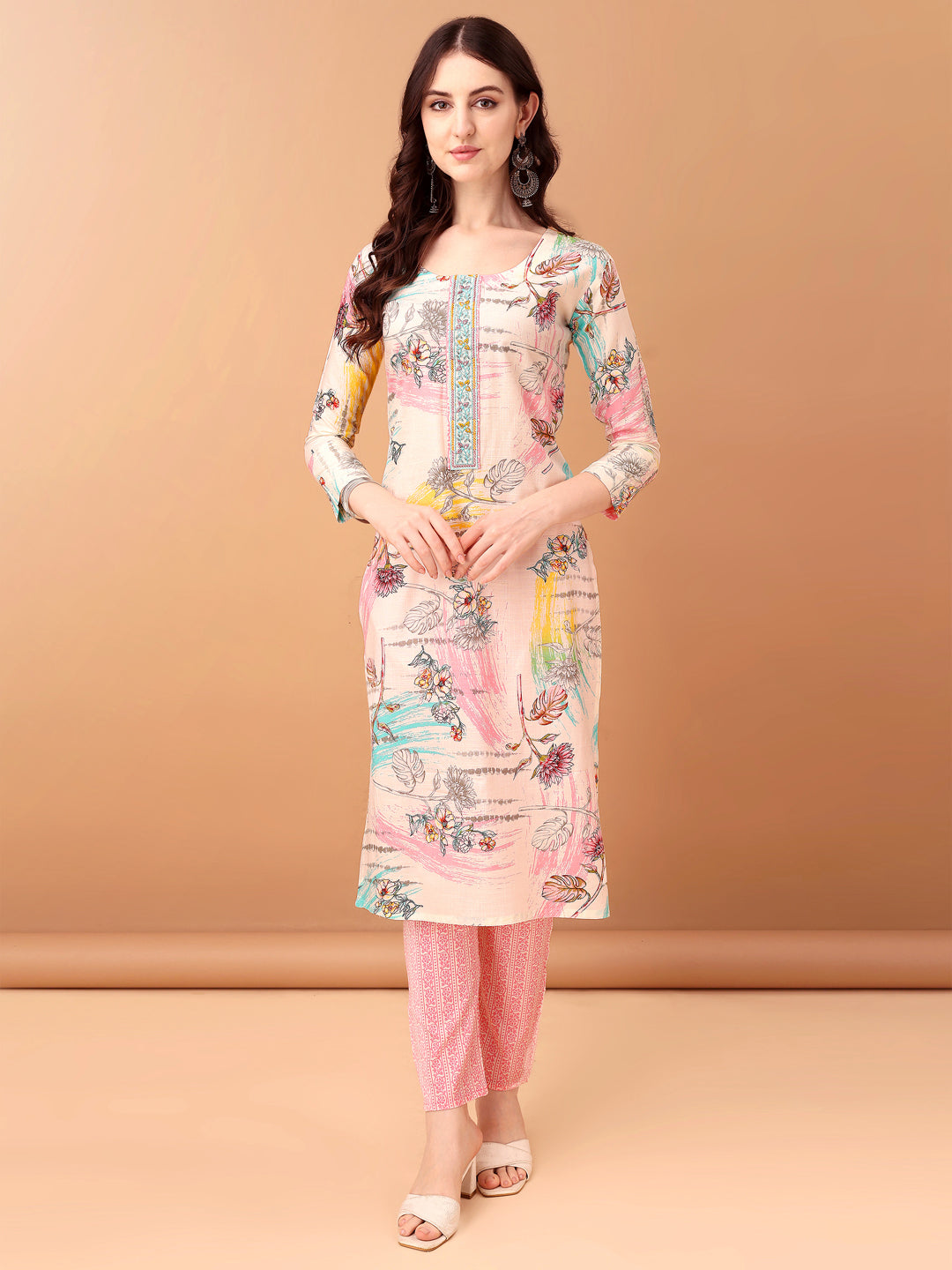 Embroidered & Printed Kurta With Pant & Printed Dupatta, Pink - Hiral Fashion - Distacart
