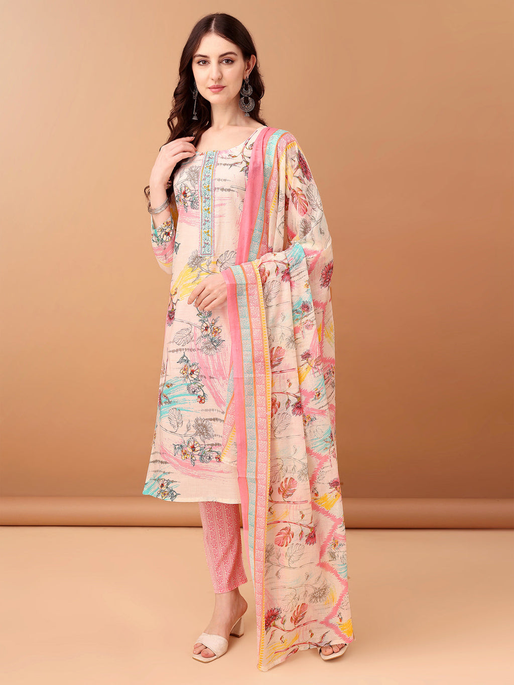 Embroidered & Printed Kurta With Pant & Printed Dupatta, Pink - Hiral Fashion - Distacart