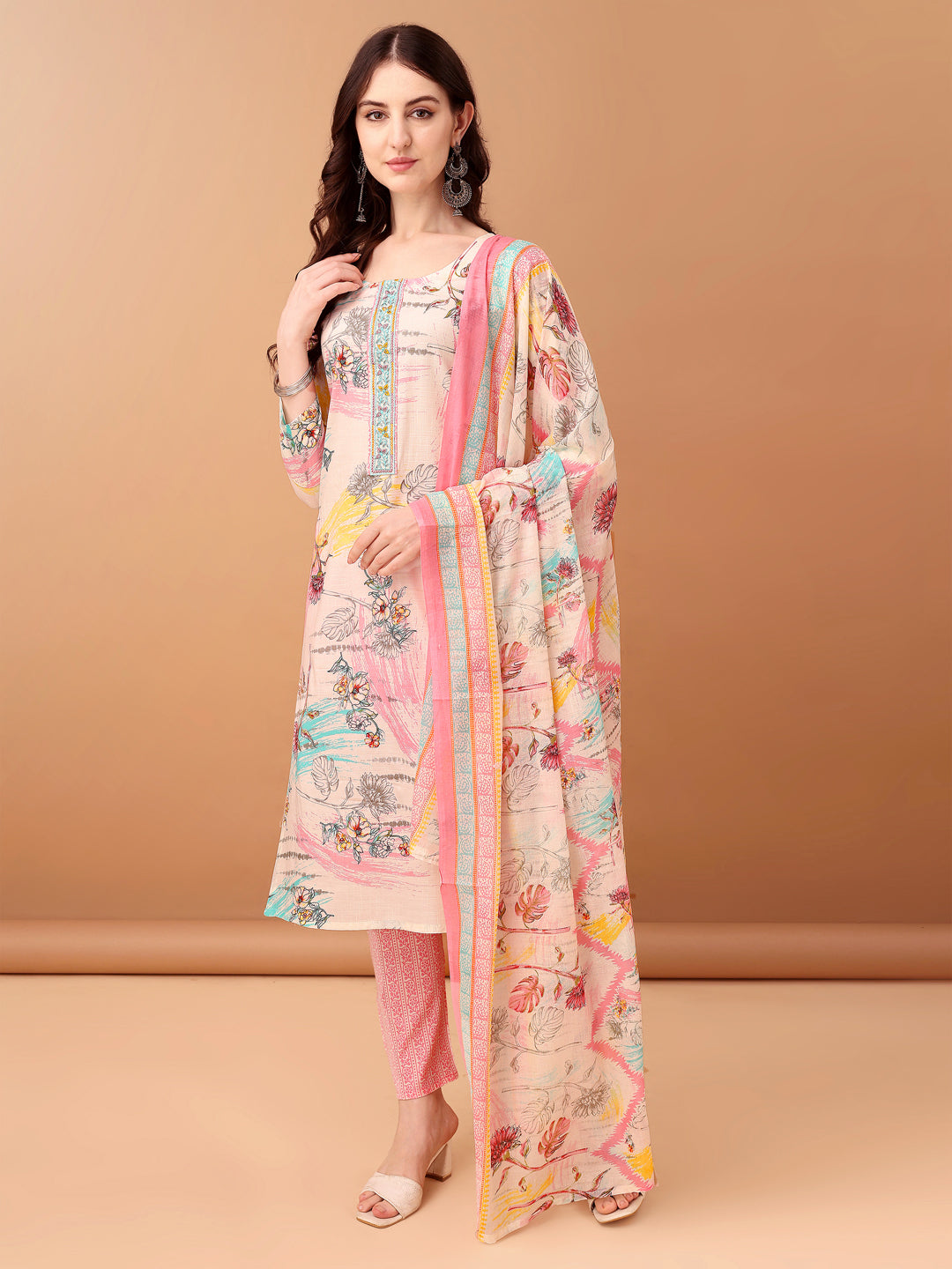 Embroidered & Printed Kurta With Pant & Printed Dupatta, Pink - Hiral Fashion - Distacart