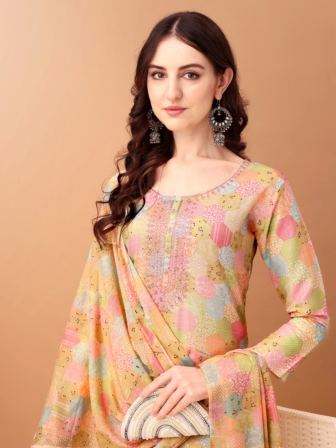 Embroidered & Printed Kurta With Pant & Printed Dupatta, Multicolor - Hiral Fashion - Distacart