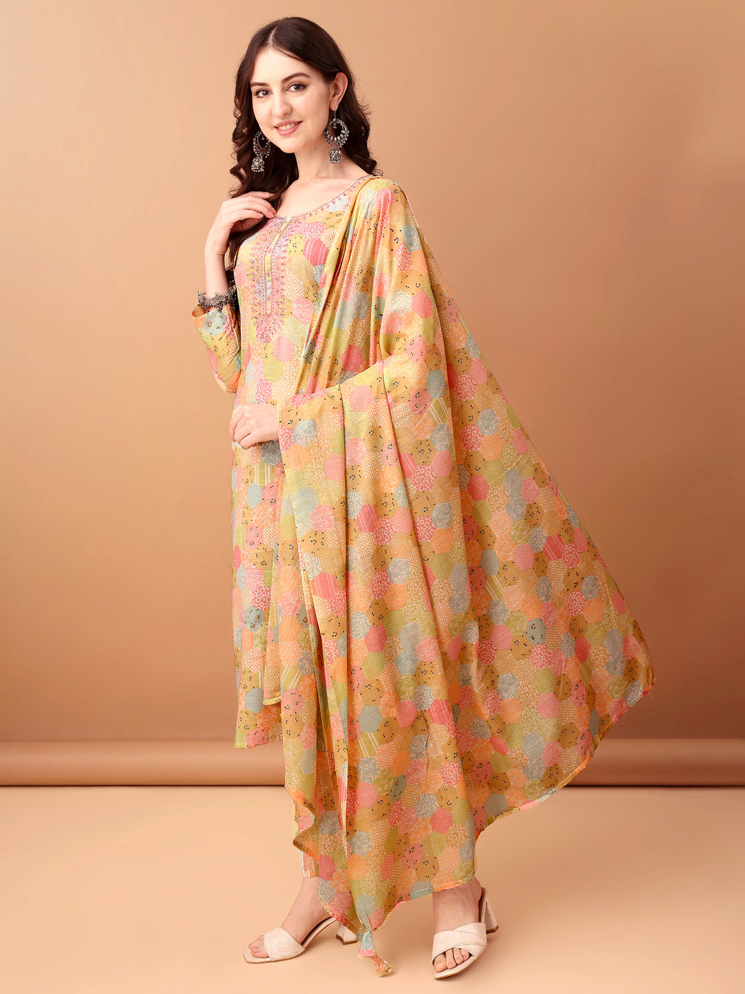Embroidered & Printed Kurta With Pant & Printed Dupatta, Multicolor - Hiral Fashion - Distacart