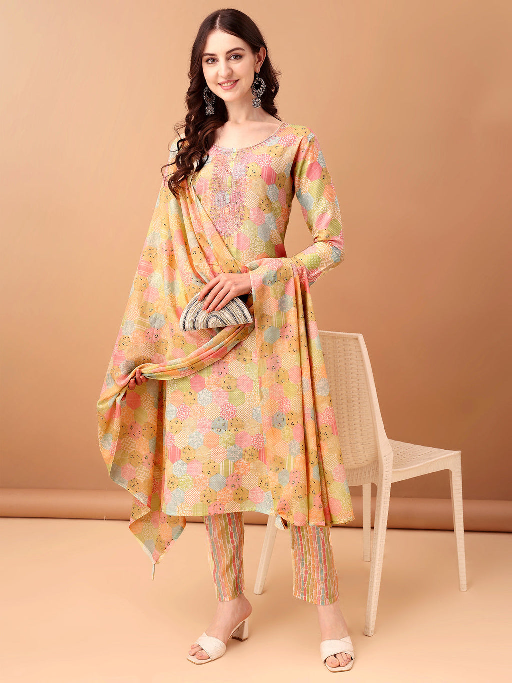 Embroidered & Printed Kurta With Pant & Printed Dupatta, Multicolor - Hiral Fashion - Distacart