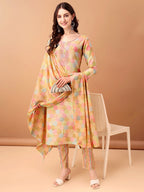 Embroidered & Printed Kurta With Pant & Printed Dupatta, Multicolor - Hiral Fashion - Distacart