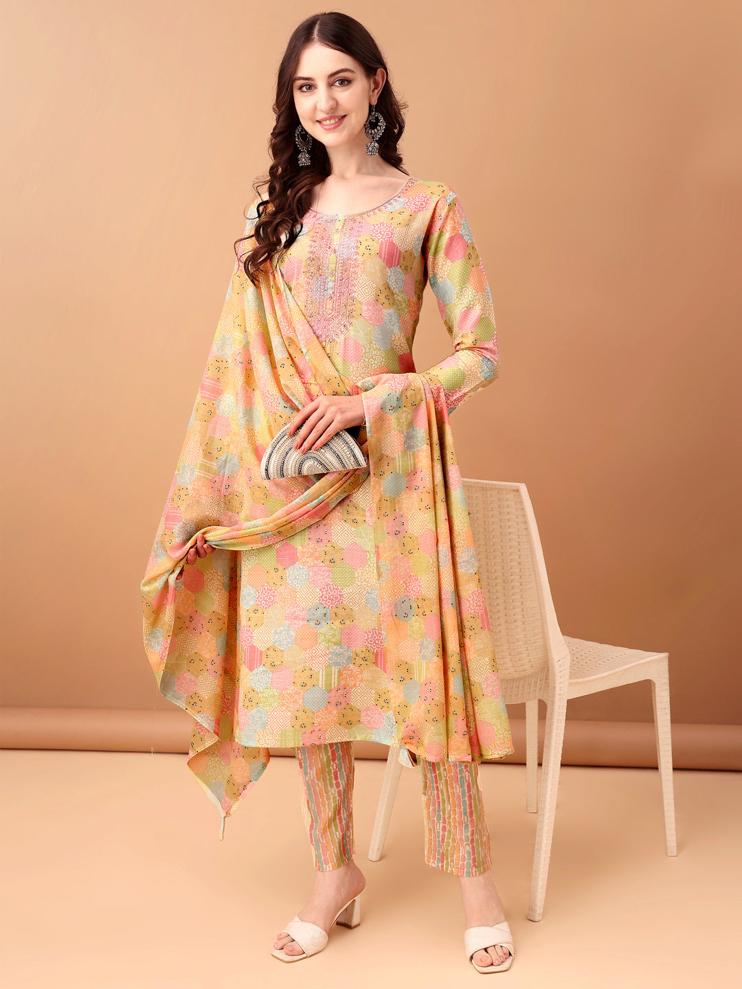 Embroidered & Printed Kurta With Pant & Printed Dupatta, Multicolor - Hiral Fashion - Distacart