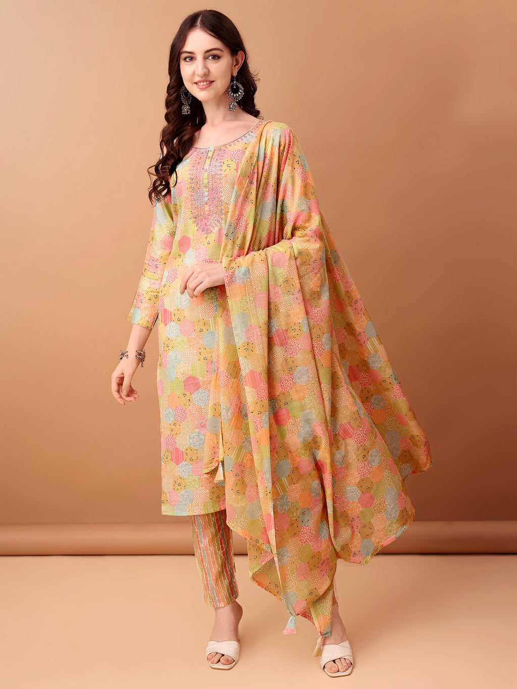 Embroidered & Printed Kurta With Pant & Printed Dupatta, Multicolor - Hiral Fashion - Distacart