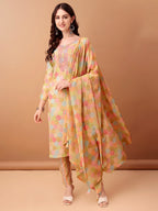 Embroidered & Printed Kurta With Pant & Printed Dupatta, Multicolor - Hiral Fashion - Distacart