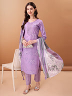 Embroidered & Printed Kurta With Pant & Printed Dupatta, Purple - Hiral Fashion - Distacart
