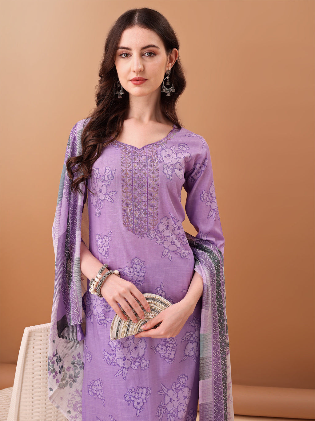 Embroidered & Printed Kurta With Pant & Printed Dupatta, Purple - Hiral Fashion - Distacart