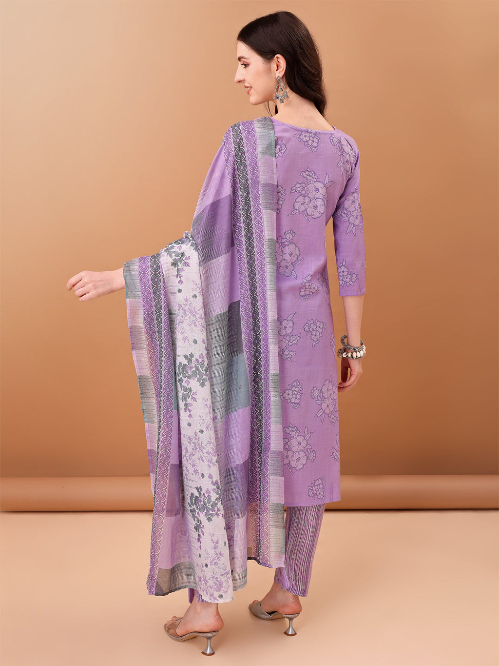 Embroidered & Printed Kurta With Pant & Printed Dupatta, Purple - Hiral Fashion - Distacart