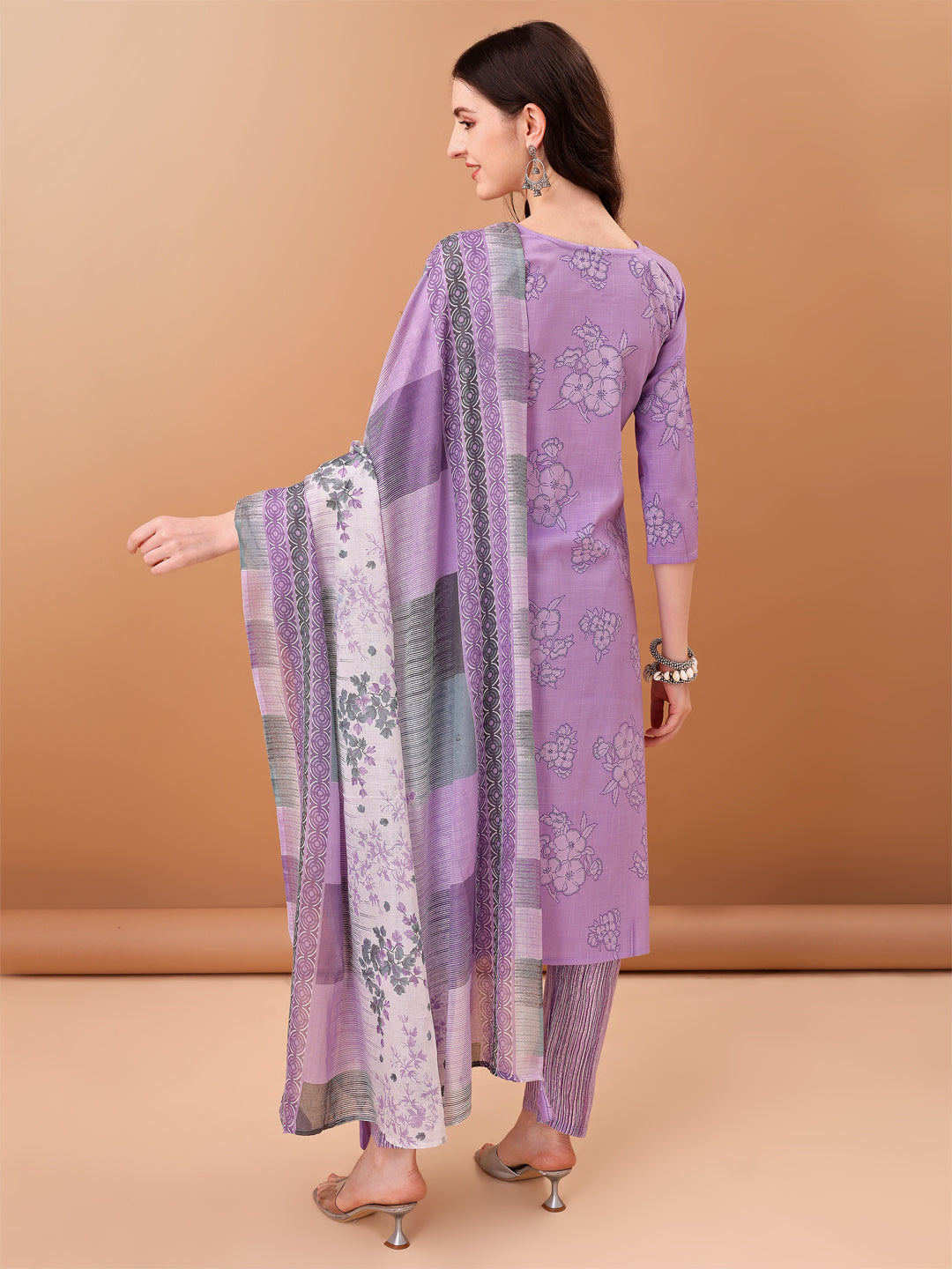 Embroidered & Printed Kurta With Pant & Printed Dupatta, Purple - Hiral Fashion - Distacart