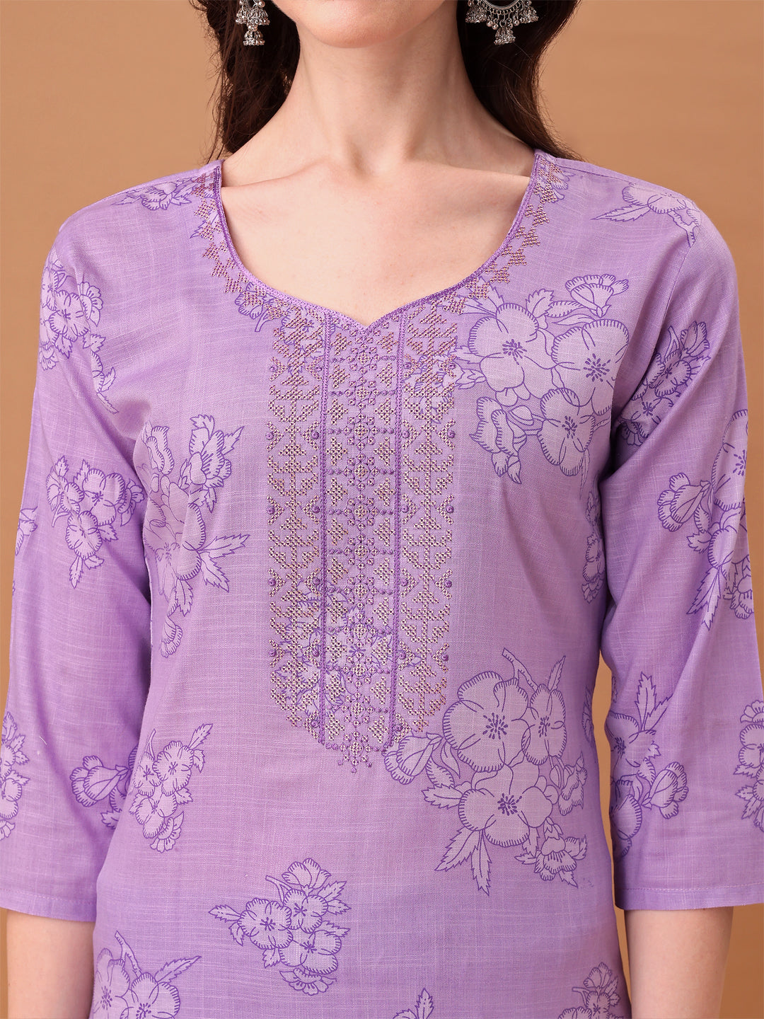 Embroidered & Printed Kurta With Pant & Printed Dupatta, Purple - Hiral Fashion - Distacart