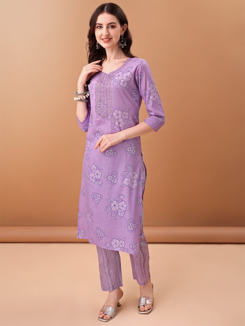 Embroidered & Printed Kurta With Pant & Printed Dupatta, Purple - Hiral Fashion - Distacart