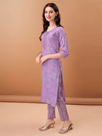 Embroidered & Printed Kurta With Pant & Printed Dupatta, Purple - Hiral Fashion - Distacart