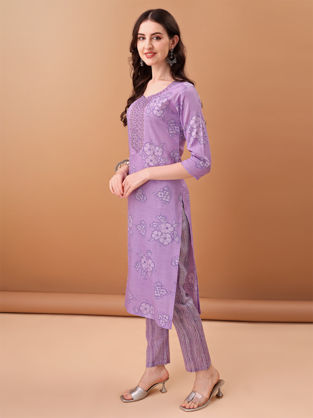 Embroidered & Printed Kurta With Pant & Printed Dupatta, Purple - Hiral Fashion - Distacart