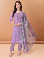 Embroidered & Printed Kurta With Pant & Printed Dupatta, Purple - Hiral Fashion - Distacart