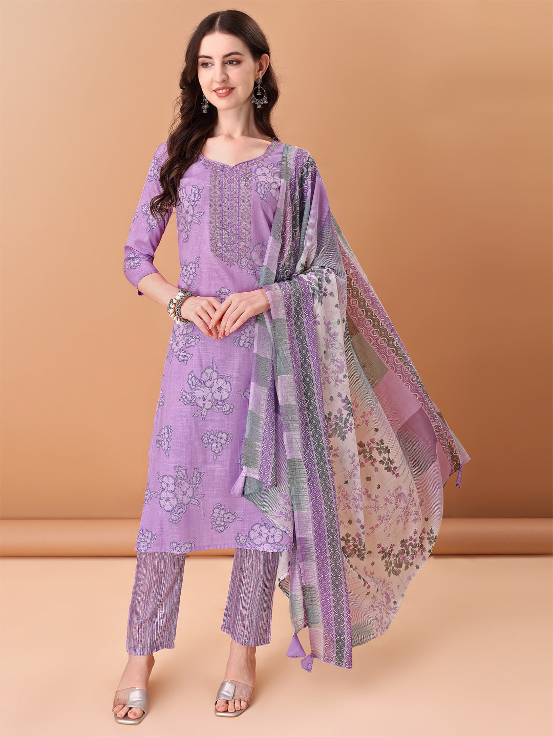 Embroidered & Printed Kurta With Pant & Printed Dupatta, Purple - Hiral Fashion - Distacart