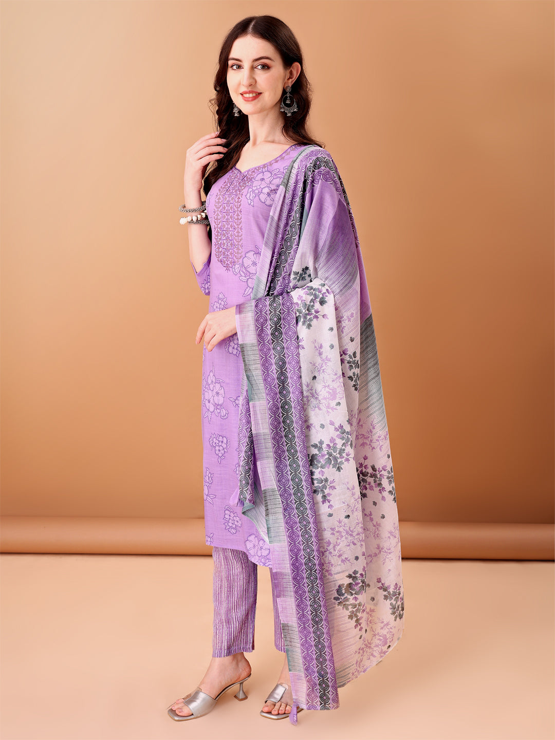 Embroidered & Printed Kurta With Pant & Printed Dupatta, Purple - Hiral Fashion - Distacart