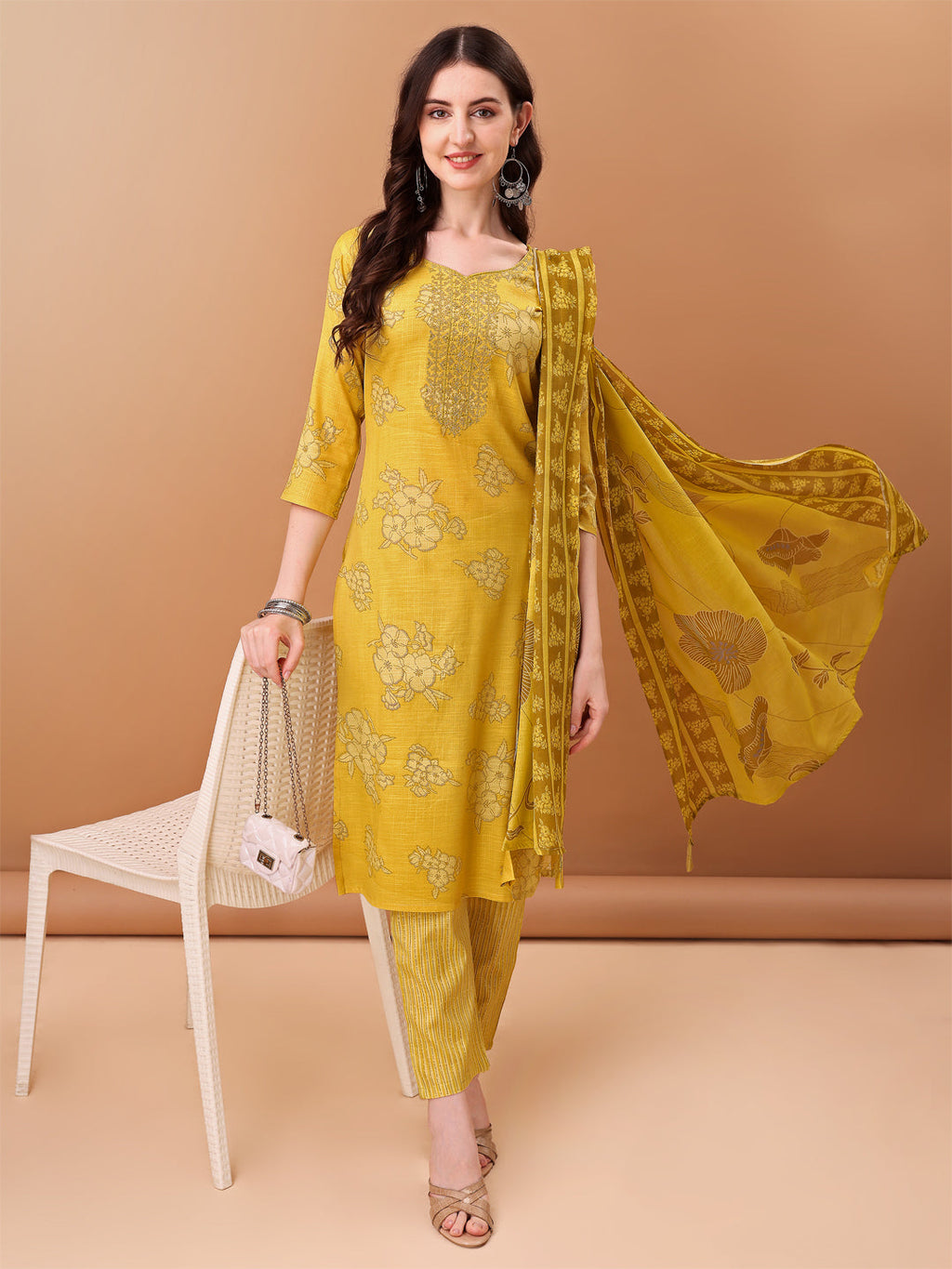 Embroidered & Printed Kurta With Pant & Printed Dupatta, Yellow - Hiral Fashion - Distacart