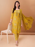 Embroidered & Printed Kurta With Pant & Printed Dupatta, Yellow - Hiral Fashion - Distacart