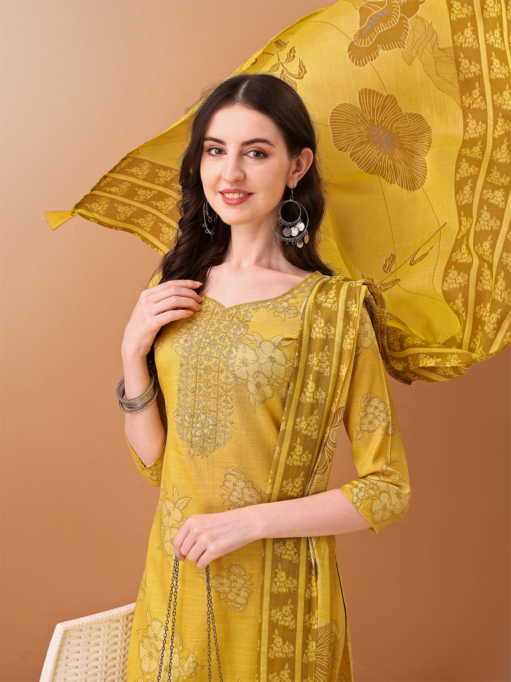 Embroidered & Printed Kurta With Pant & Printed Dupatta, Yellow - Hiral Fashion - Distacart