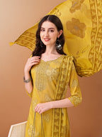 Embroidered & Printed Kurta With Pant & Printed Dupatta, Yellow - Hiral Fashion - Distacart